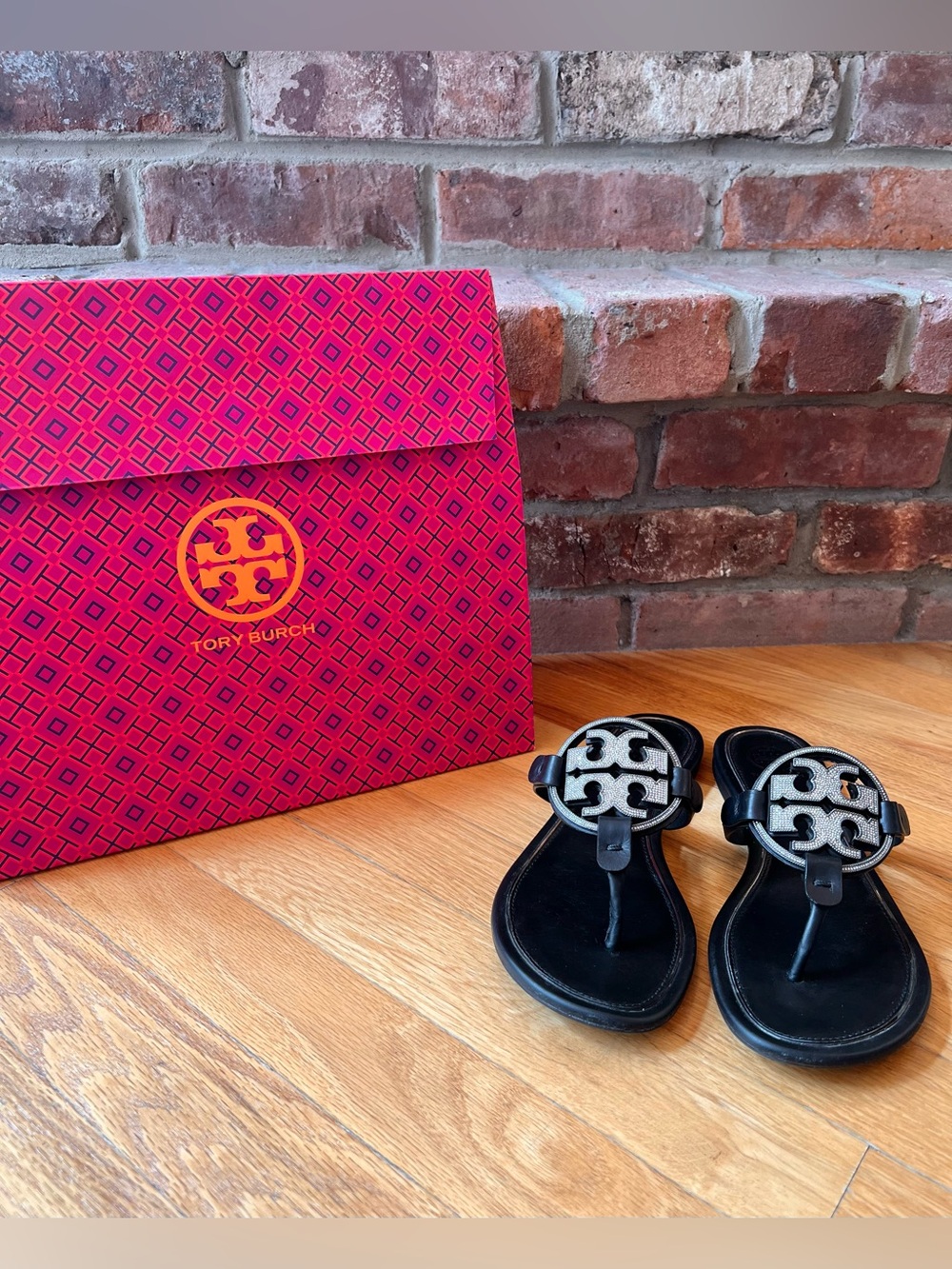 Tory Burch Black  Metal Crystal Embellished Miller Sandals